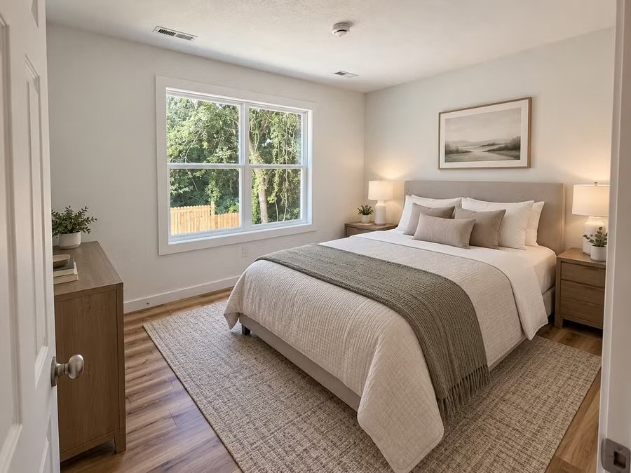 Courthouse Commons bedroom with a large window overlooking the trees