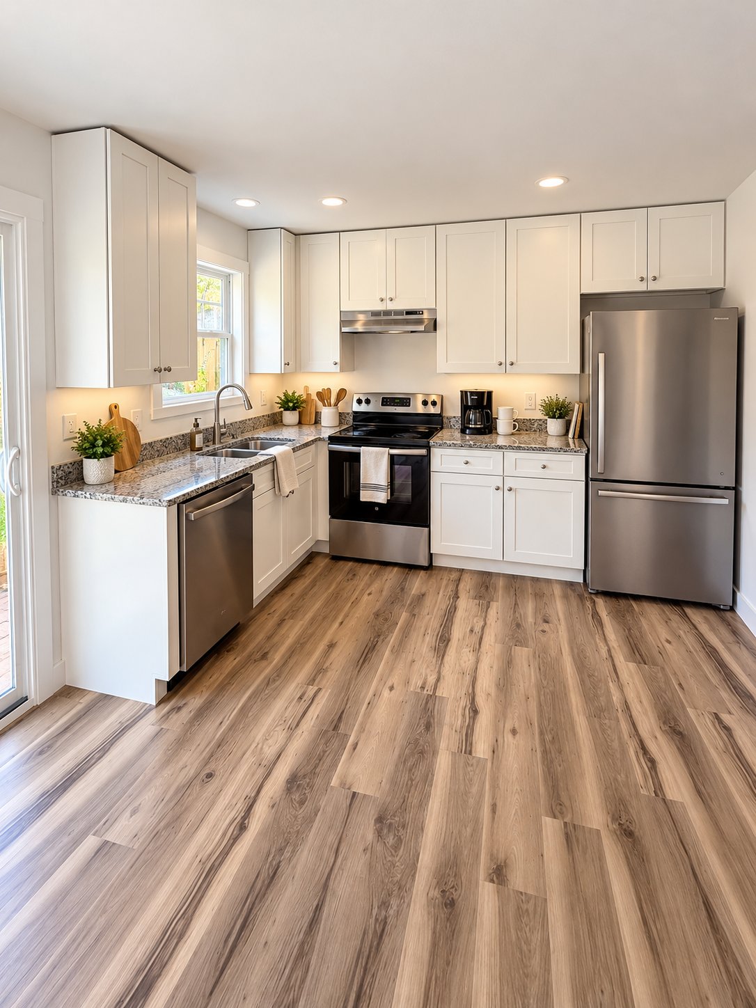 Courthouse Commons kitchen with white shaker cabinets, granite counters and stainless appliances