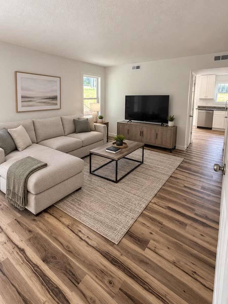 Courthouse Commons living room with wood-look floors and a view into the kitchen