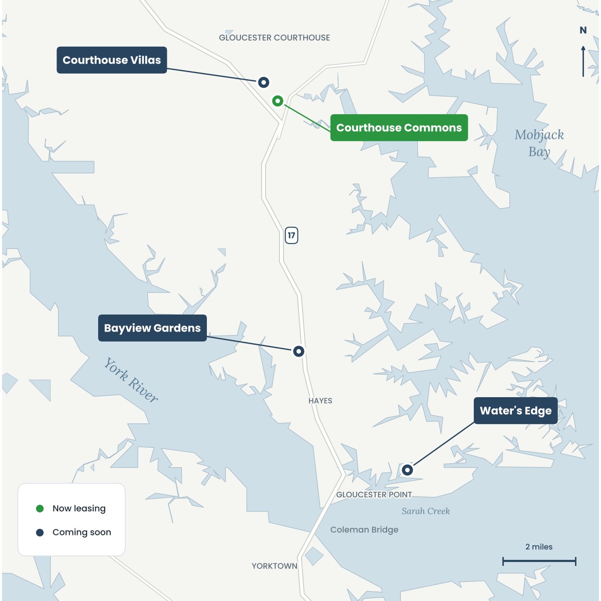 Map of the four GreenLeafe communities: Courthouse Commons and Courthouse Villas in Gloucester Courthouse, Bayview Gardens in Hayes, and Water's Edge on Sarah Creek near Gloucester Point